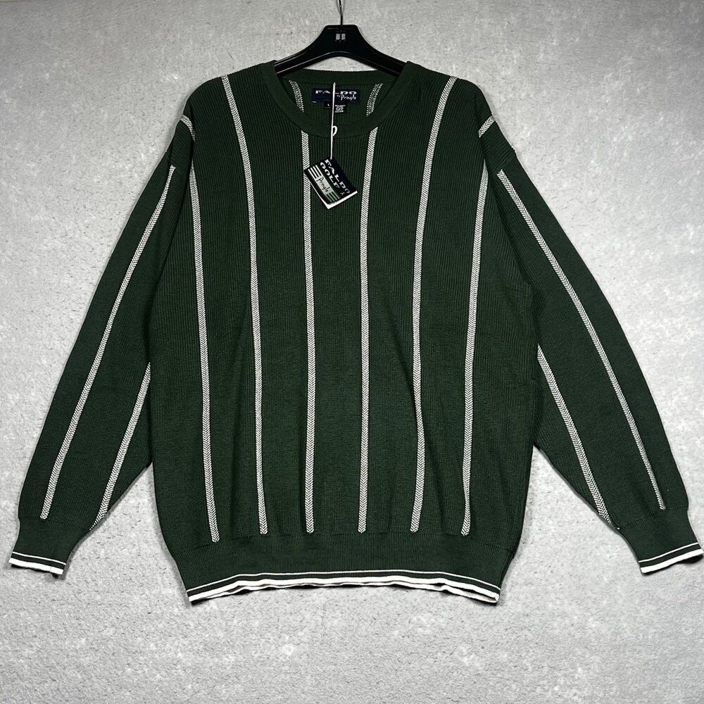 Faldo Pringle Sweater Mens Large Green Stripe Golf Crew Neck Sweater Long Sleeve